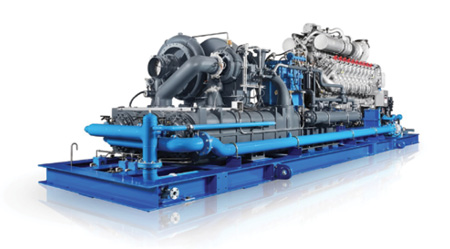 This Turbophase system consists of four main components, from back to front: turbocharged natural gas-fired reciprocating engine, gearbox, and multi-stage centrifugal compressor. A single air pipe is run from the outlet of the compressor to the CT. Multiple modules may also interconnected in parallel to provide additional CT power production. Photo courtesy: Powerphase