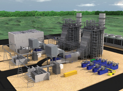 A typical 2 x 1 combined cycle plant is illustrated. This plant uses General Electric 7FA combustion turbines, which allows four or more Turbophase modules per turbine. The plant, outfitted with 8 modules, will produce an additional 54 MW. Photo courtesy: Powerphase