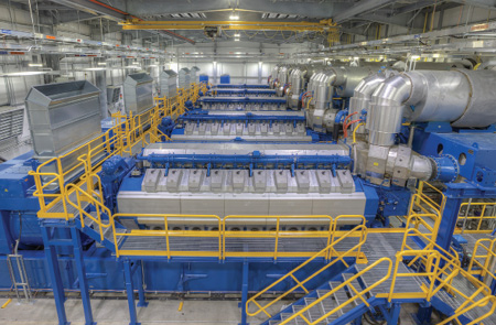 The Westside Energy Station uses five 20V34SG natural gas fired reciprocating internal combustion engines manufactured by technology group Wärtsilä. Photo courtesy: Boldt Corp.